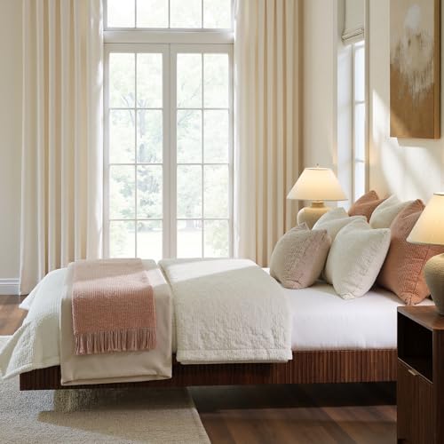 Evermagin Walnut King Floating Bed Frame with led Lights, Mid Century Modern Fluted Floating Platform Bed No Headboard, Heavy Duty Metal Float Bedframe, No Box Spring Needed Evermagin