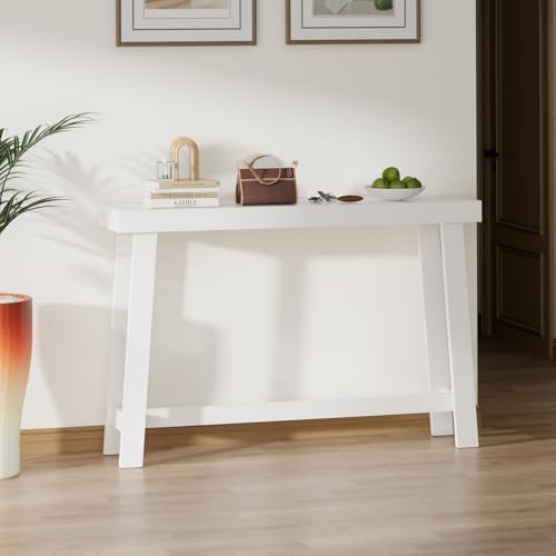 Bamboo 47.2" Narrow Console Table, Wood Farmhouse Side Table, Rectangular Entryway Table, Modern Sofa Table Behind Couch with Storage Shelves for Entrance, Living Room, Hallway, Foyer (White) Wisuce Essentials