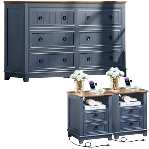 Joaxswe Farmhouse Furniture Set, Nightstands Set of 2 and 6 Drawers Dresser for Bedroom, 58 Inch Wide Wood Dresser and 18" Night Stands with Charging Station for Bedroom, Living Room, Hallway Joaxswe
