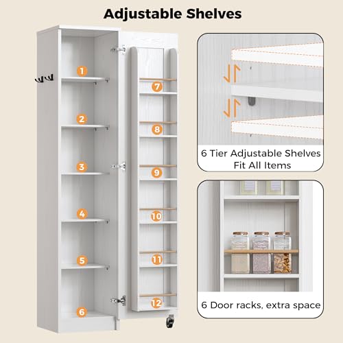 IRONCK Narrow Kitchen Pantry Storage Cabinet, 72" Slim Single Door with 6 Adjustable Shelves, Door Rack and Wheels, Space Saving Freestanding Storage Floor Cabinet for Small Place, White IRONCK