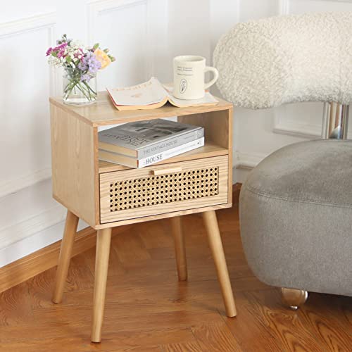 MaxSmeo Modern Nightstand Rattan Side End Table with Storage, for Living Room, Bedroom and Small Spaces, Accent Bedside Farmhouse Tables with Solid Wood Legs, Easy Assembly (Natural Walnut) MaxSmeo