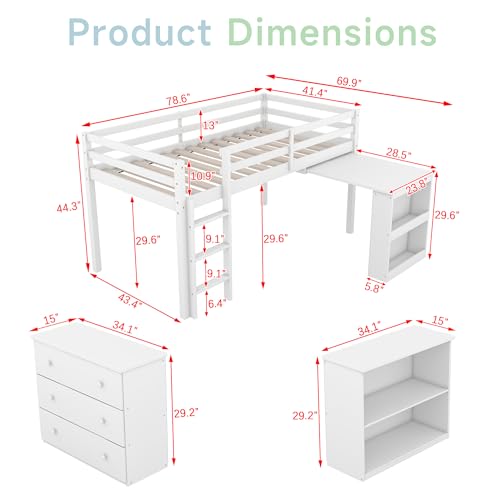 Low Loft Bed with Storage & Rolling Out Desk, Kids Twin Size Loft Beds with Bookcase & Drawers, Rubber Wood Junior Lofts Bed with Dresser/Shelves/Ladder/Guardrails for Boys Girls Teens, White Duxelifin