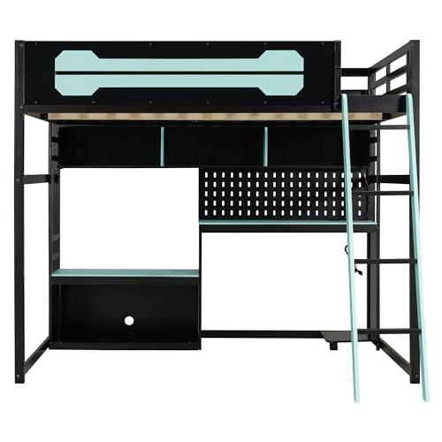 Harper & Bright Designs Full Size Wood Gaming Loft Bed with Desk and Storage Shelves, Modern Low Loft Bed Frame with LED Lights, USB Ports and Pegboard for Kids Teens Adults, Black+Blue Harper & Bright Designs