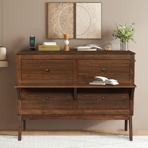 KEIKI Queen Size Cabinet Murphy Bed with Charging Station, Drawer, Removable Shelves, Multiple Storage Foldable Hideaway Wall Murphy Bed Frame, No Box Spring Needed, Easy Assembly, for Bedroom, Walnut KEIKI