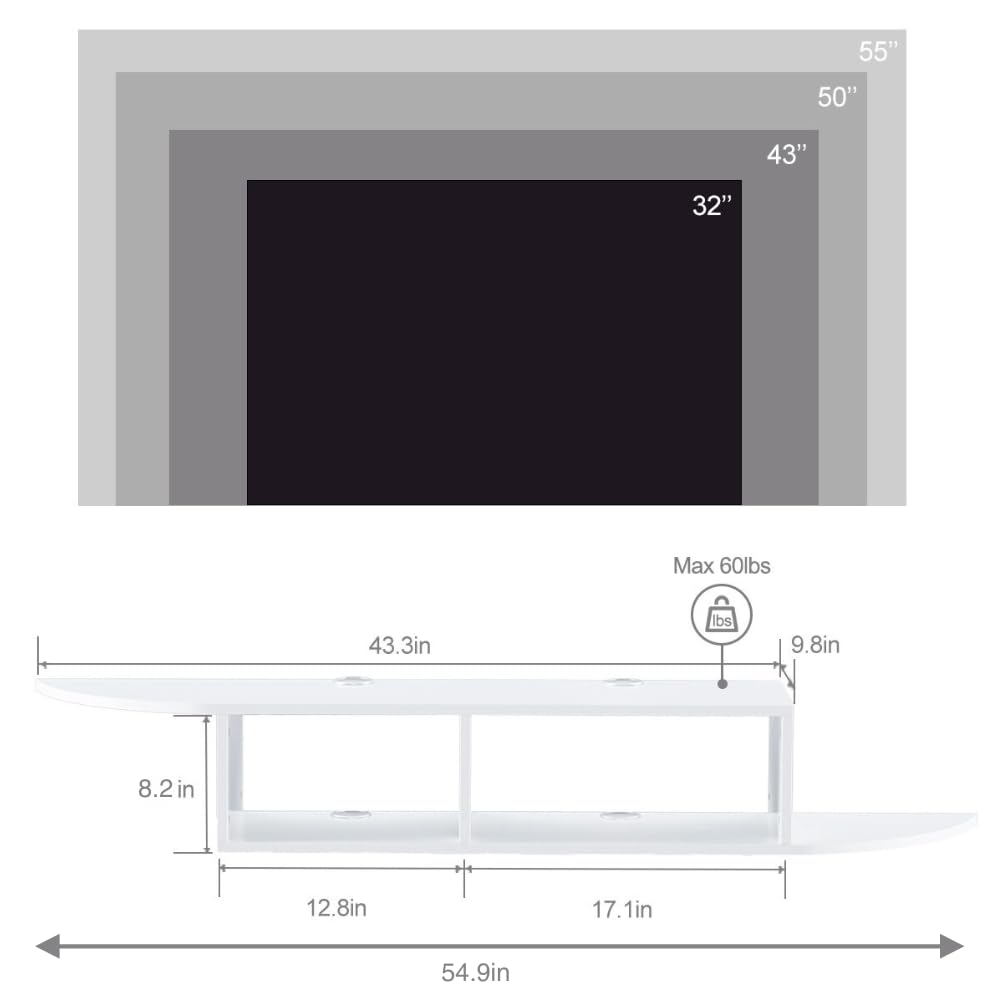 GHC Floating TV Stand, Wall Mounted Entertainment Center and Cabinet Shelf, TV Console with Storage, Media Console for DVD Player, Space-Saving Under TV Shelf for Bedroom, Living Room (White) GHC