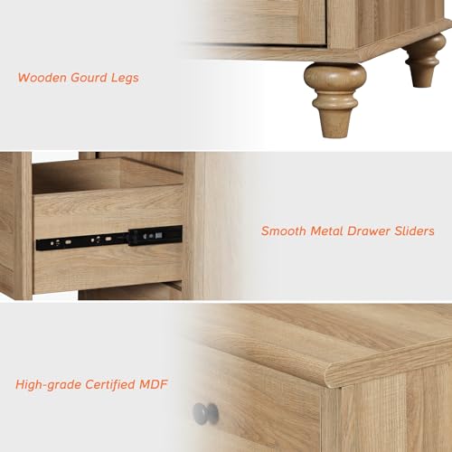 WAMPAT 4 Piece Bedroom Set, Set of 2 Wooden Dressers with 3 Drawers, Set of 2 Rattan Bedside Table Side Tables with Charging Station, 4 Piece Dresser and Nightstand Sets, Oak WAMPAT