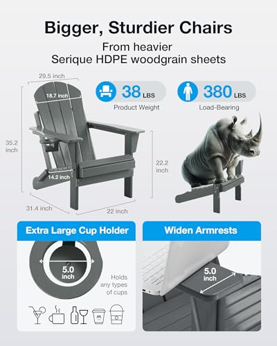 Serique Folding Adirondack Chair Wood Texture, Patio Chair Weather Resistant, Outdoor Chair, Lawn Chair with Cup Holder, Fire Pit Chair for Deck, Outdoor, Porch, Backyard, Garden (Grey) Serique
