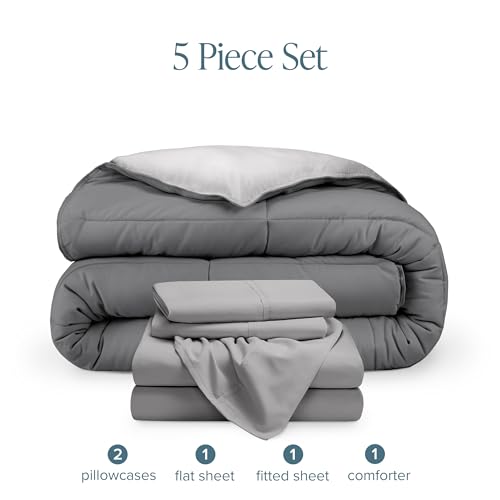 Bare Home Reversible Bed-in-A-Bag Comforter & Sheet Set - Full Extra Long - Down Alternative - Soft - Bedding Set (Full XL, Light Grey/Grey) Bare Home