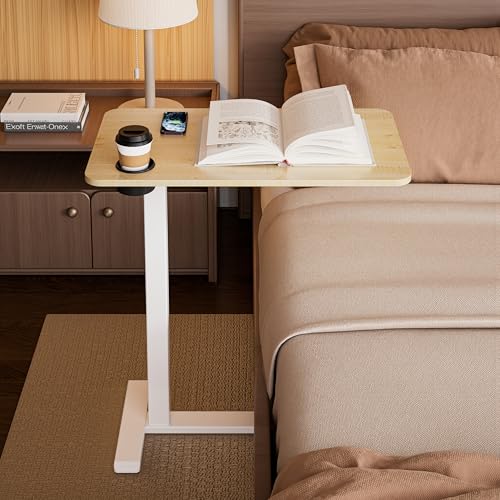 BIZUM Adjustable Bedside Table with Swivel Hidden Wheels Pneumatic Rolling Desk Mobile Standing Desk with Cup Holder for Hospital Home(27.6"x15.8" Maple) BIZUM