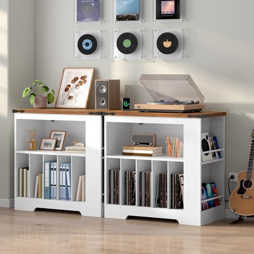 HOOBRO Large Record Player Stand with Charging Station & LED Lights, Vinyl Record Storage Table Holds up to 230 Albums, Turntable Stand with Display Shelf for Living Room, Walnut and White WH80UDRS01 HOOBRO