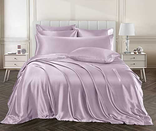 Ersmak 4 Pieces Satin Sheets Set Twin Size, Luxury Silky Lavender Satin Bed Sheets Set with 1 Deep Pocket Fitted Sheet, 1 Soft Flat Sheet, 1 Queen Pillowcases and 1 Body Pillowcase Ersmak