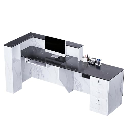 L-Shaped Modern Reception Desk with Counter & Storage - 71"/84" Large Office Front Desk, Salon Checkout Counter with Lockable Cabinets, Shelves & Drawers (Black & White, Left - 71''L x 34''W x 41''H) kaiwrxin