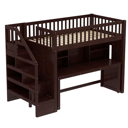 Harper & Bright Designs Twin Size Loft Bed with Stairs, Solid Wood Loft Bed with Movable Desk, Featuring Storage Stairs and Storage Shelf, for Teens Adults (Espresso) Harper & Bright Designs