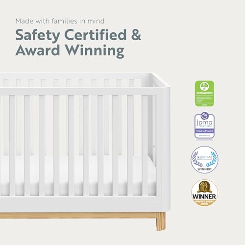 Storkcraft Santos 3-in-1 Convertible Crib (White with Natural) – GREENGUARD Gold Certified, Fits Standard Crib Mattress, Converts to Toddler Bed, Storkcraft