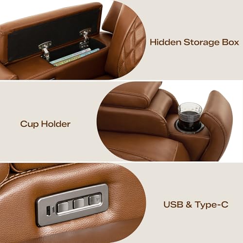 Watson & Whitely Genuine Leather Wall Hugger Power Recliner Chair with Power Headrest, Heating & Cooling, Electric Lay Flat Recliner with Cup Holders & Armrest Storage for Living Room, Saddle Brown