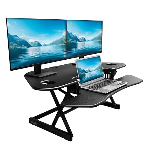 Rocelco 46" Height Adjustable Corner Standing Desk Converter - Quick Sit Stand Up Dual Monitor Riser - Gas Spring Assist Tabletop Computer Workstation - Large Keyboard Tray - Black (R CADRB-46) Rocelco
