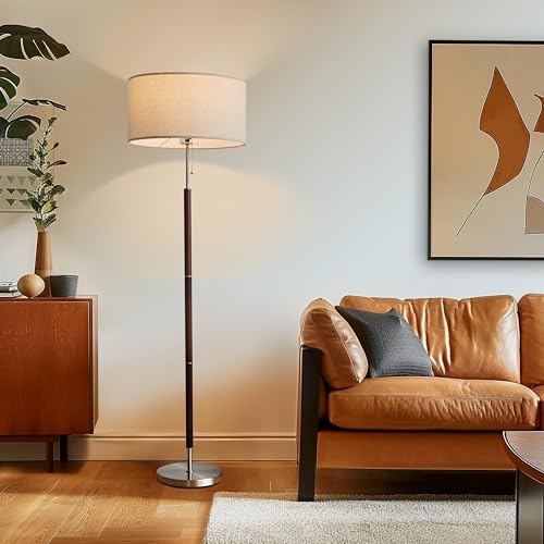Brightech Carter LED Floor Lamp, Drum Shade Tall Lamp with Walnut Wood Finish, Great Living Room Décor, Mid-Century Lamp for Living Rooms & Offices, Mid Century Modern Lamp for Bedroom Brightech
