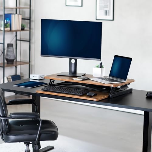 VIVO Height Adjustable 32 inch Stand Up Desk Converter, Quick Sit to Stand Tabletop Dual Monitor Riser Workstation, Rustic Vintage Brown Desktop, Black Frame, DESK-V000SN VIVO