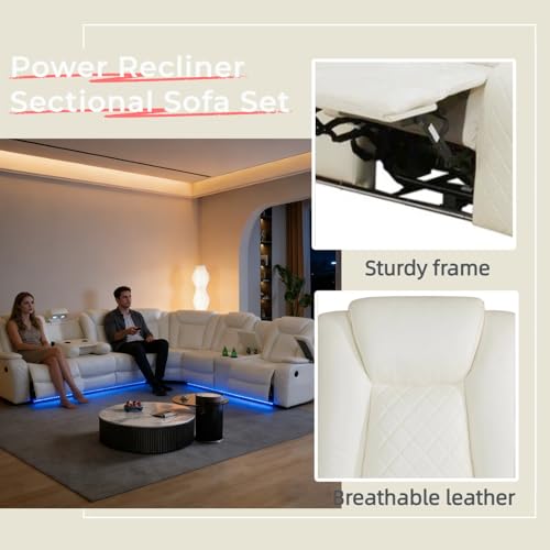 Breathing Leather Reclining Sofa Set,Power Recliner Sectional Couch with LED Light,Modern Living Room Furniture Set,Reclining Sectional Couch Set with USB Port/Storage for Home/Home Theater