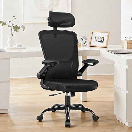 BESTFAIR Ergonomic Office Desk Chair Comfy, High Back Mesh Office Desk Chairs with Adjustable Lumbar Support, Headrest, Flip-up Armrests, Home Computer Chair for Gaming, Work, Black BESTFAIR