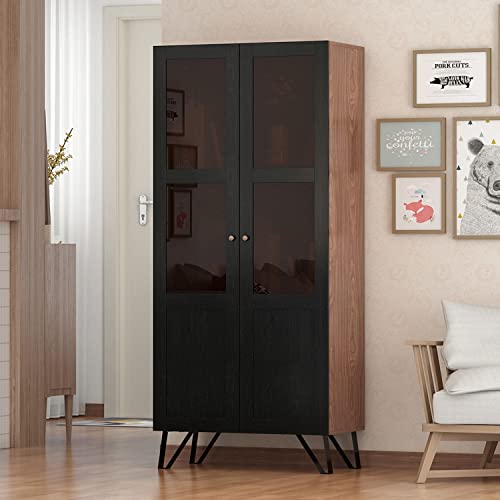 Elegant ECACAD 3-Tier Bookcase Storage Cabinet with Acrylic Glass Doors - Brown and Black ECACAD