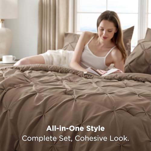 Bedsure Full Comforter Set Brown - Bed in a Bag Full Size Bedding Set 7 Pieces, GentleSoft™ Pintuck Bed Set Gift for Family, Pinch Pleat All Season Comforter with Sheets, Pillowcases & Shams