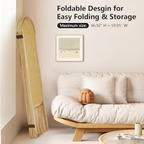 Asnefeli Room Divider 4 Panel, Folding Privacy Screen, Foldable Wood Divider Room Dec, Rattan Room Divider, Portable Partition Screen, Wall Divider for Room Separation Bedroom Home Office (Natural) Asnefeli