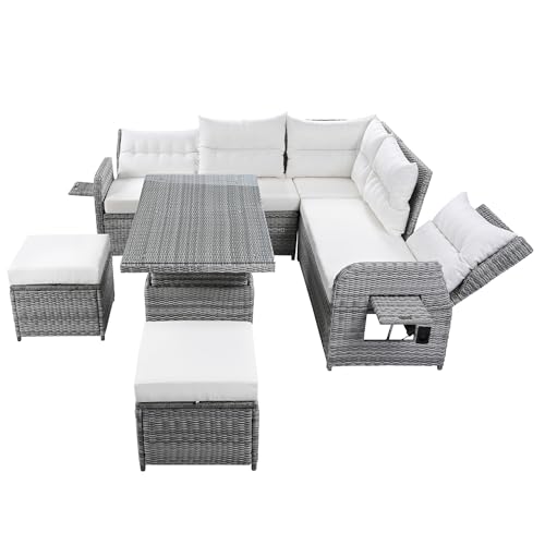 YOPTO 8-Piece Outdoor Furniture Couch Set,Rattan Patio Conversation Sectional Sofa Set with Adjustable Table,Recliners W/Extendable Side Tables & 2 Movable Ottomans,for Patio,Lawn,Backyard,Pool,Beige YOPTO