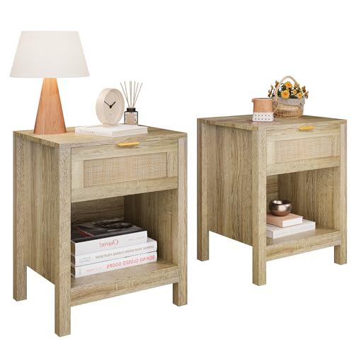KIGOTY Farmhouse Rattan Nightstand Set of 2, Bedside Table with Drawer,Open Compartment, Side Table with Storage, End Table for Bedroom,Oak KIGOTY