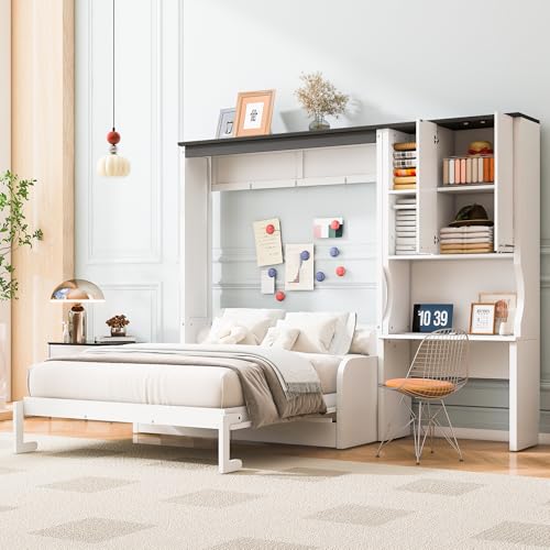 Merax Farmhouse Multi-Functional Murphy Bed with Sofa, Desk & Storage Cabinet,Solid Wood Foldable Wall Bed/Space Saving/No Box Spring Needed/Full,White + Gray Merax