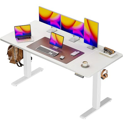Huuger 55 x 28 Large Electric Standing Desk, Height Adjustable Copmuter Desk, 27.6" Deep Desktop, Stand up Gaming Office Table with 2 Hooks, 3 Preset Heights, for Home Office, White