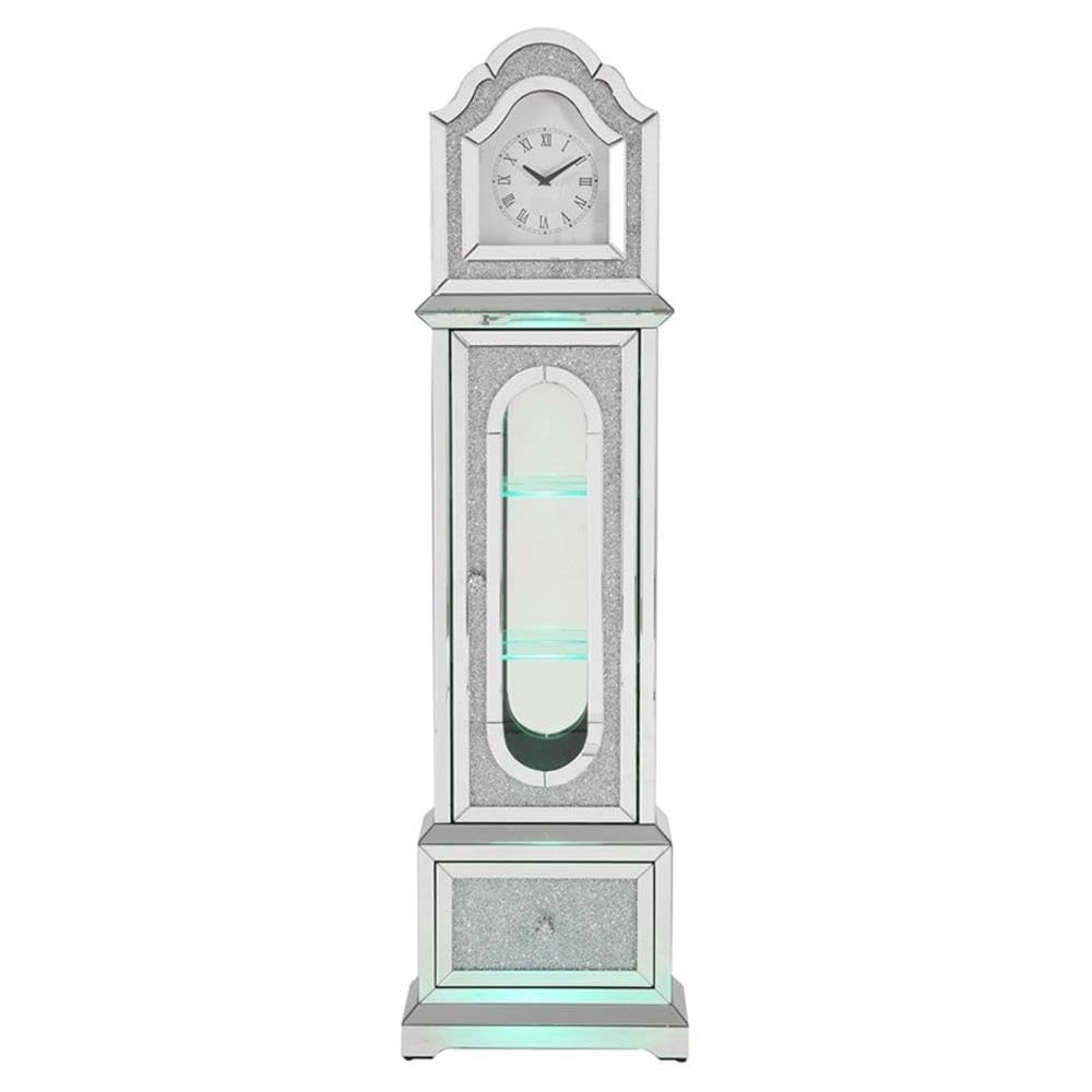 Acme Noralie Wood Frame Grandfather Clock with LED in Mirrored and Faux Diamonds Acme