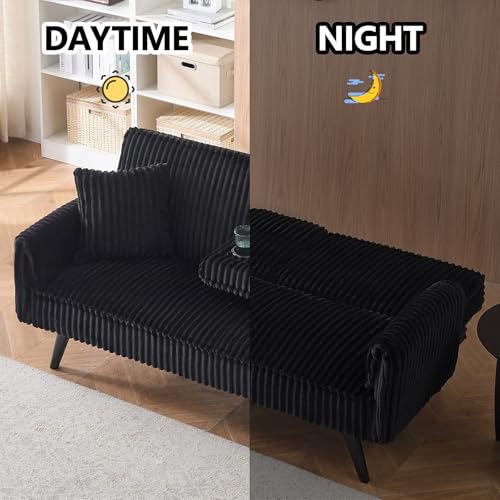 Thctvous 72” Corduroy Futon Sofa Bed with Pillows, Modern Convertible Futon Couch with 2 Cup Holders& Metal Legs for Small Spaces Living Room, Solid Wood Frame (Black) Thctvous