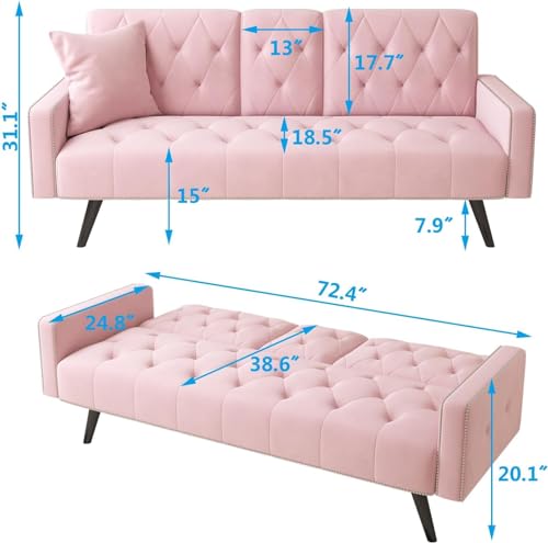 72" Pink Velvet Futon Couch Living Room Couch Bed Convertible Sleeper Sofa Bed with Cup Holder for Bedroom Guest Bed 2 Seater Reclining Sofas Couches with Nailhead Trim for Small Space (Pink) anwickjeff