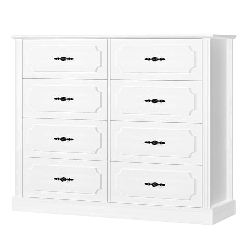 finetones White Dresser Chest of Drawers, Wood Dresser 8 Drawer with Steel Handles, Modern Dresser Drawers Floor Storage Cabinet for Living Room Hallway Office finetones