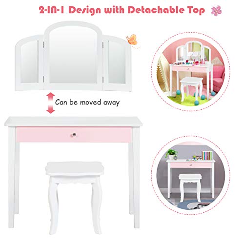 Costzon Kids Vanity, Girls Vanity Set with Tri-Folding Mirror, Stool, Storage Drawer, Princess Toddler Makeup Vanity Desk Dressing Table, Wooden Kids Vanity Table and Chair Set (White) Costzon