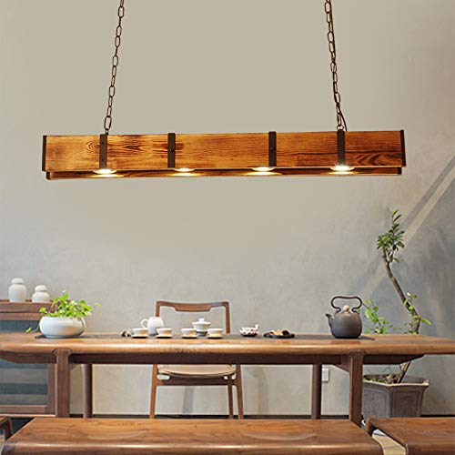 Rustic Wood 4-Lights Farmhouse Chandelier, Retro Hanging Pendant Lamp,Wood Beam Linear Hanging Light Vintage Ceiling Light Fixture for Dining Table, Kitchen Island, Bar JUOPTGJ