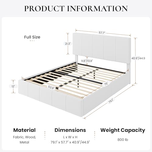 SHA CERLIN Full Size Bed Frame, Velvet Upholstered Platform Bed, Vertical Channel Tufted Adjustable Headboard, Low Profile Bed Frame, No Box Spring Needed, Easy Assembly, White SHA CERLIN
