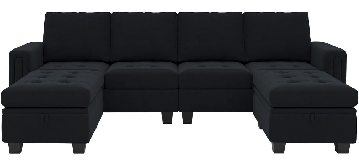 Belffin Velvet U Shaped Sectional Sofa Couch with Storage Ottoman Convertibel Sectional Sofa with Reversible Chaises Black Belffin