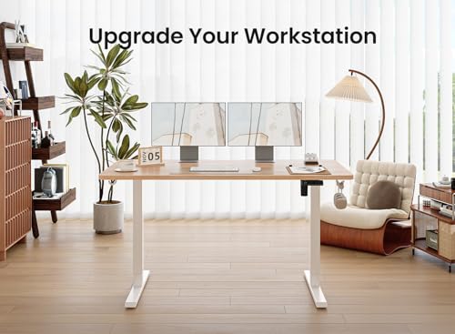 BANTI 48 × 24 Inches Standing Desk, Ergonomic, Electric Height Adjustable, Sit and Stand Up, Computer Office Desk with Splice Board, White Frame/Maple Top BANTI