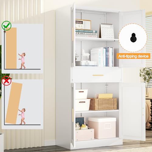 TaskStorz 71" Tall Kitchen Pantry Cabinet, Metal Kitchen Pantry Storage Cabinet with Drawer and 2 Adjustable Shelves, Freestanding Pantry Cupboard for Living, Dining Room, White TaskStorz