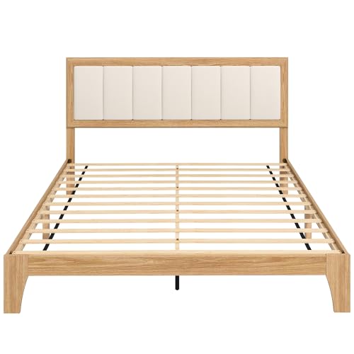 HOMCOM Queen Size Bed Frame with Upholstered Headboard, Platform Bed Frame with Wooden Slats, No Box Spring Needed, Easy Assembly, Natural HOMCOM