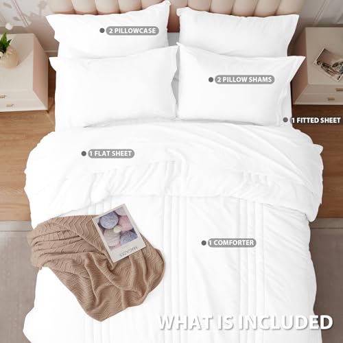 Velorose Queen Comforter Set White - Bed in a Bag Queen Size 7 Pieces, Soft Bedding Set for All Seasons, Premium Queen Comforter Set with Comforter, Sheets, Pillowcases & Shams Velorose