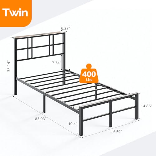 VINGLI Twin Bed Frame with Storage Headboard, LED Lights, and Charging Station, Single Metal Platform Pannel Bed with Wooden Storage Shelf, Underbed Storage Space, Apartement, Black VINGLI