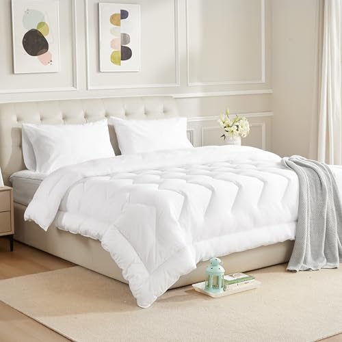 HOMTEC Duvet Insert Cotton Comforter California King Size White Down Alternative Fill 100% Cotton Shell Quilted Fluffy Comforter Lightweight All Season 8 Corner Tabs Durable Breathable Noiseless HOMTEC