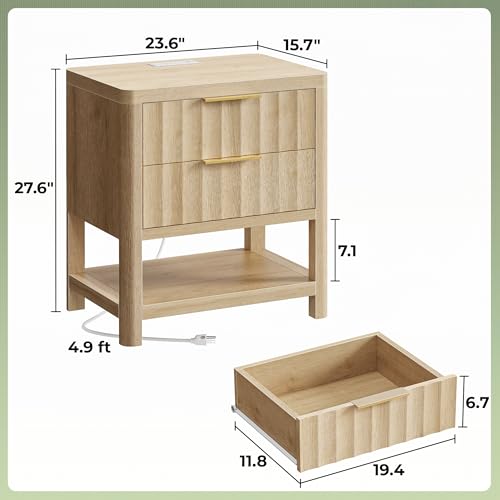 Huuger 27.6 Inch Tall Night Stands with Charger Station, USB-C Port, Fluted Nightstand Set of 2, Larger Wider Bed Side Table with 2 Deep Drawers, Open Shelf, Bedroom Living Room End Table, Natural Huuger