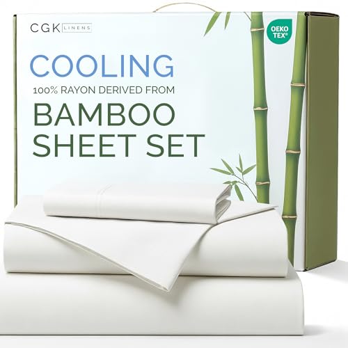 100% Rayon Derived From Bamboo - Bamboo Sheets Twin Size - Cooling Sheets for Twin - Ultra Soft, Breathable & Hotel Luxury Bedding - 1 Flat & 1 Fitted & 1 Pillowcase w/ 16 Inch Deep Pockets - White CGK Unlimited