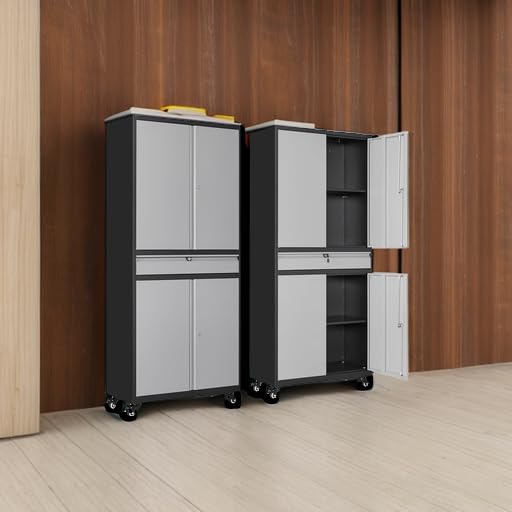 Metal Garage Storage Cabinet with 4 Wheels and 1 Drawer,Gray Rolling Garage Cabinet with Locking Doors and Adjustable Shelves,73" Mobile Tall Large Metal Storage Cabinet for Home,Office,Garage,Shop SISESOL