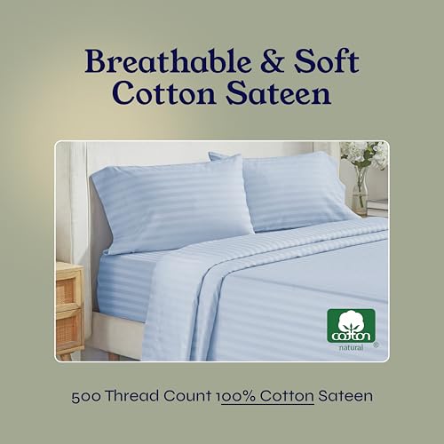 California Design Den - Queen Sheets Set Cotton Soft 100% Cotton Sheets Deep Pockets Snug Fit Elastic, 500 Thread Count Sateen, Damask Stripe Sheets for Bed - Light Blue - Striped California Design Den