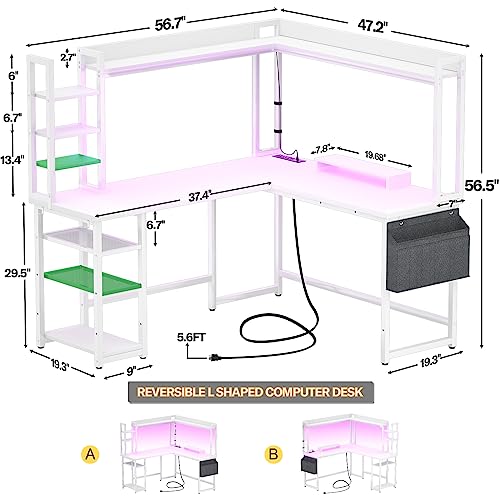 Aheaplus L Shaped Desk with Power Outlet, L Shaped Gaming Desk with Led Light & Hutch, Reversible Home Office Desk, Corner Computer Desk Writing Desk with Monitor Stand & Storage Shelves, White Aheaplus